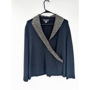 St. John Black Santana Knit Side Snap Wrap Sweater Top Gold Silver Studded 8